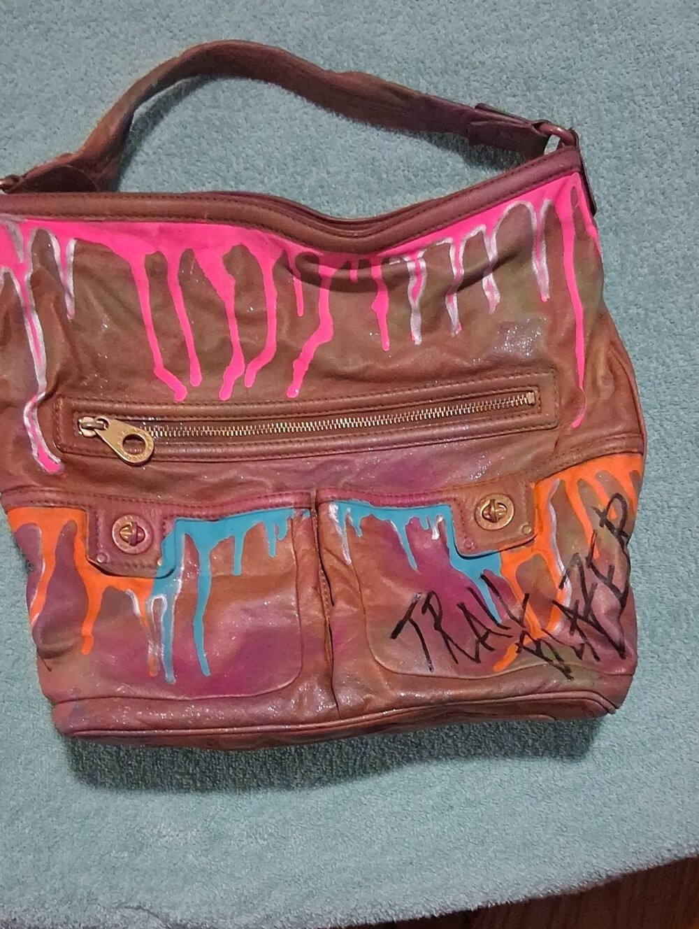 Paint-Drip Brown Leather Shoulder Bag with Multicolor Accents